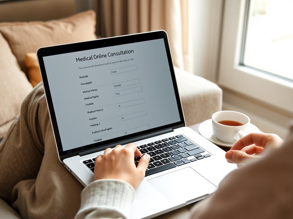 Osoba wypełniająca formularz medyczny na laptopie przed konsultacją online