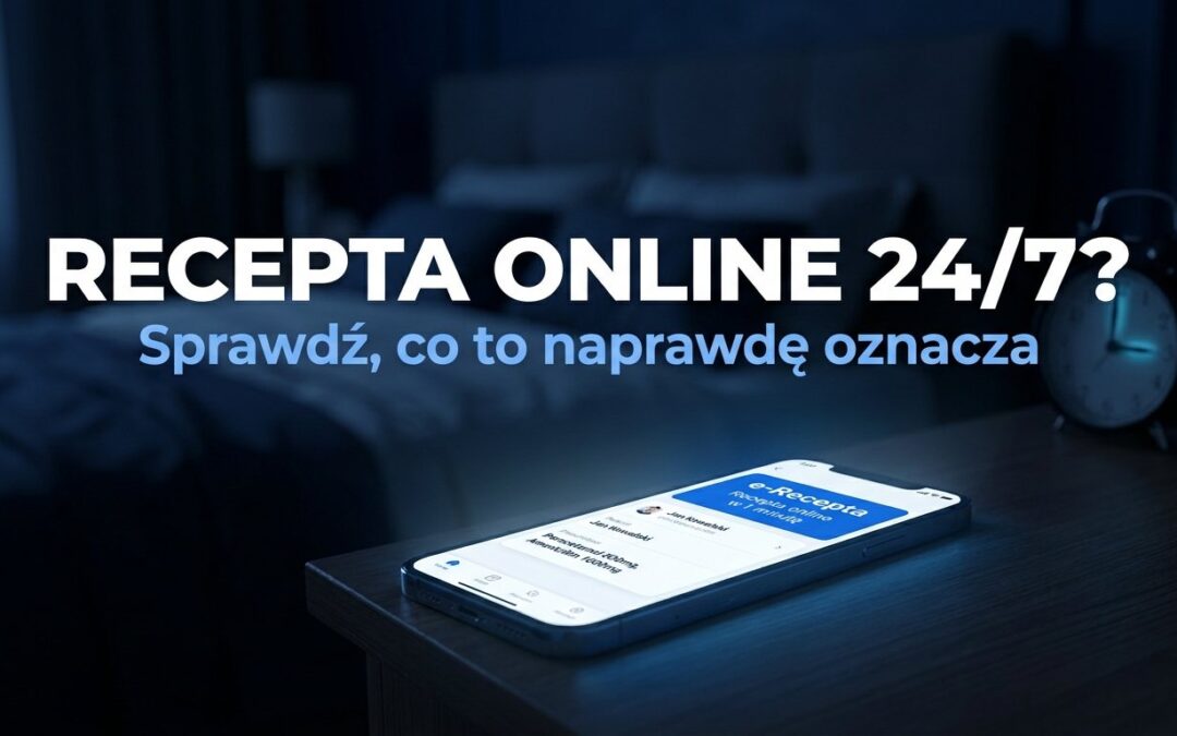 Telefon z formularzem e-recepty nocą i napis Recepta online 24/7