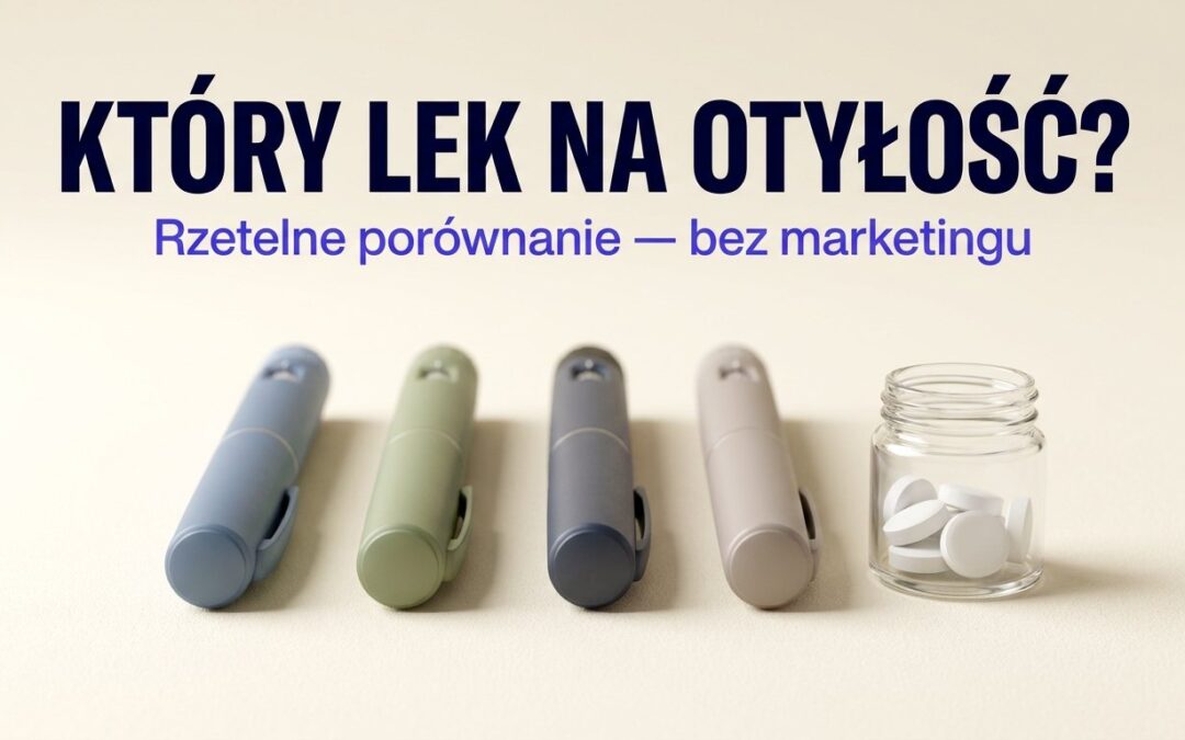 Peny iniekcyjne i tabletki na jasnym tle, napis Który lek na otyłość