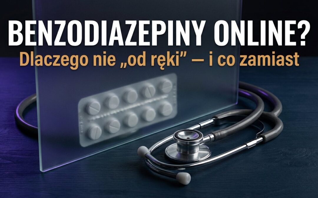 Blister tabletek pod stetoskopem, napis Benzodiazepiny online