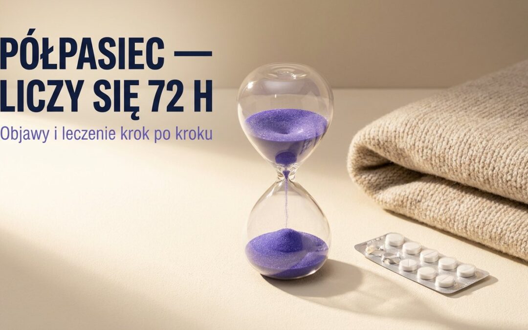 Klepsydra i blister tabletek przeciwwirusowych, napis Półpasiec liczy się 72 h
