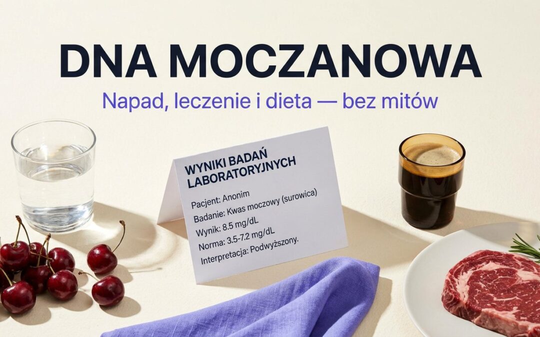 Woda i wiśnie kontra piwo i czerwone mięso, wynik kwasu moczowego, napis Dna moczanowa