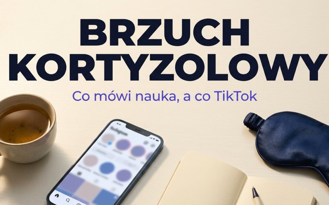 Telefon z feedem, herbata i opaska na oczy, napis Brzuch kortyzolowy