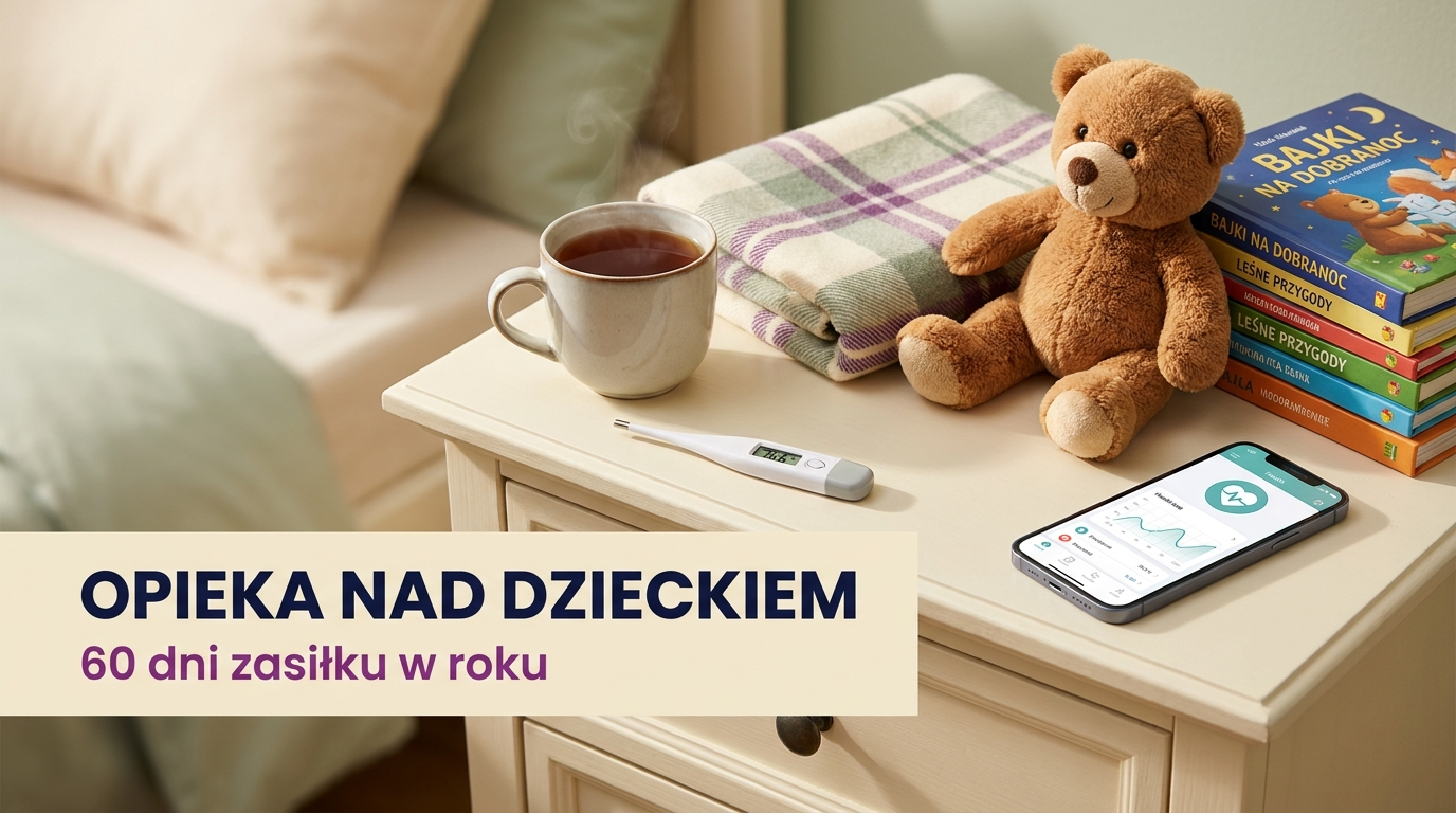 Termometr, kubek herbaty i pluszowy miś na szafce nocnej — zwolnienie na opiekę nad dzieckiem