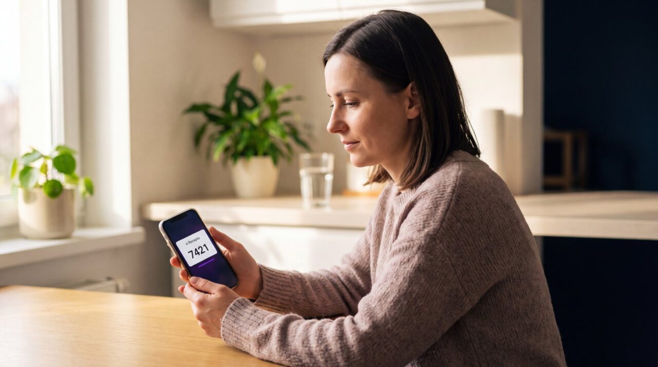 Recepta online w praktyce: kobieta przy stole w domu odczytuje na telefonie SMS z czterocyfrowym kodem e-recepty