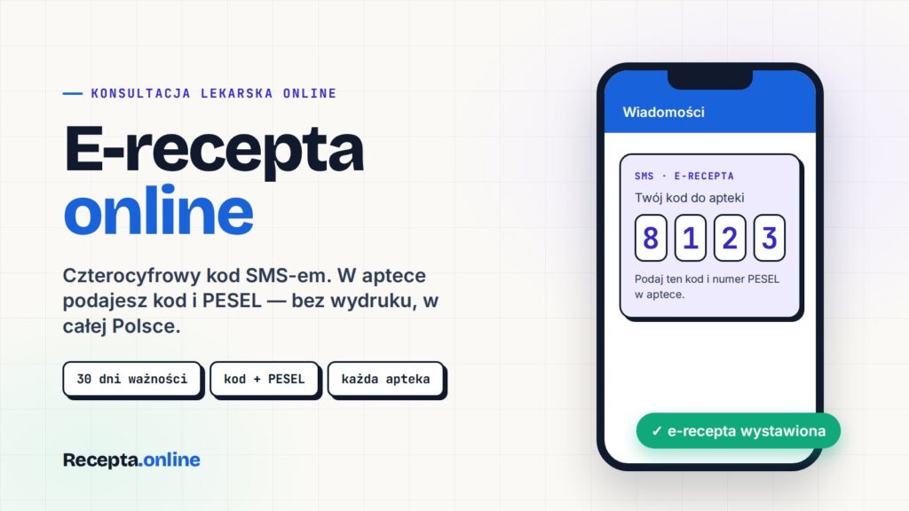 E-recepta online — kod SMS i PESEL w aptece Grafika: telefon z SMS-em zawierającym czterocyfrowy kod e-recepty, obok napis E-recepta online oraz zasady realizacji w aptece