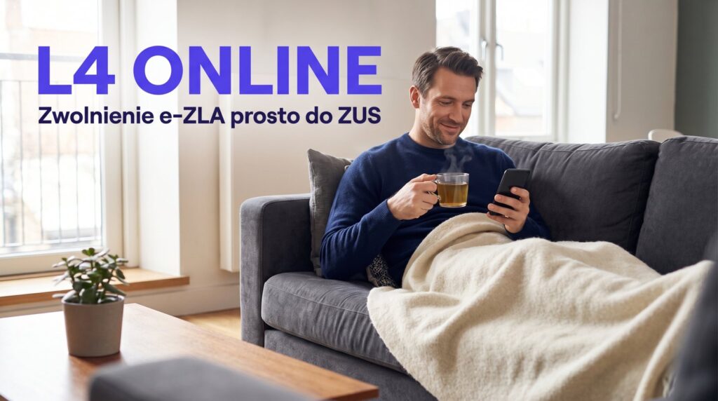 L4 online — zwolnienie lekarskie online po ocenie lekarza Mężczyzna z herbatą na kanapie wypełnia na telefonie formularz konsultacji online w sprawie zwolnienia lekarskiego